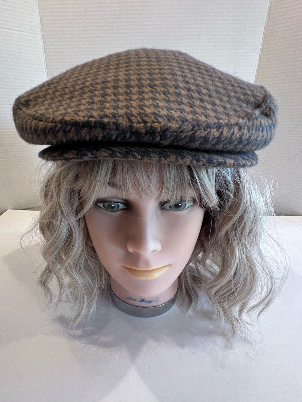 Vintage Wool Snap Brim Houndstooth Flat  Newsboy Driver Ivy Cabbie Hat USA Sz M